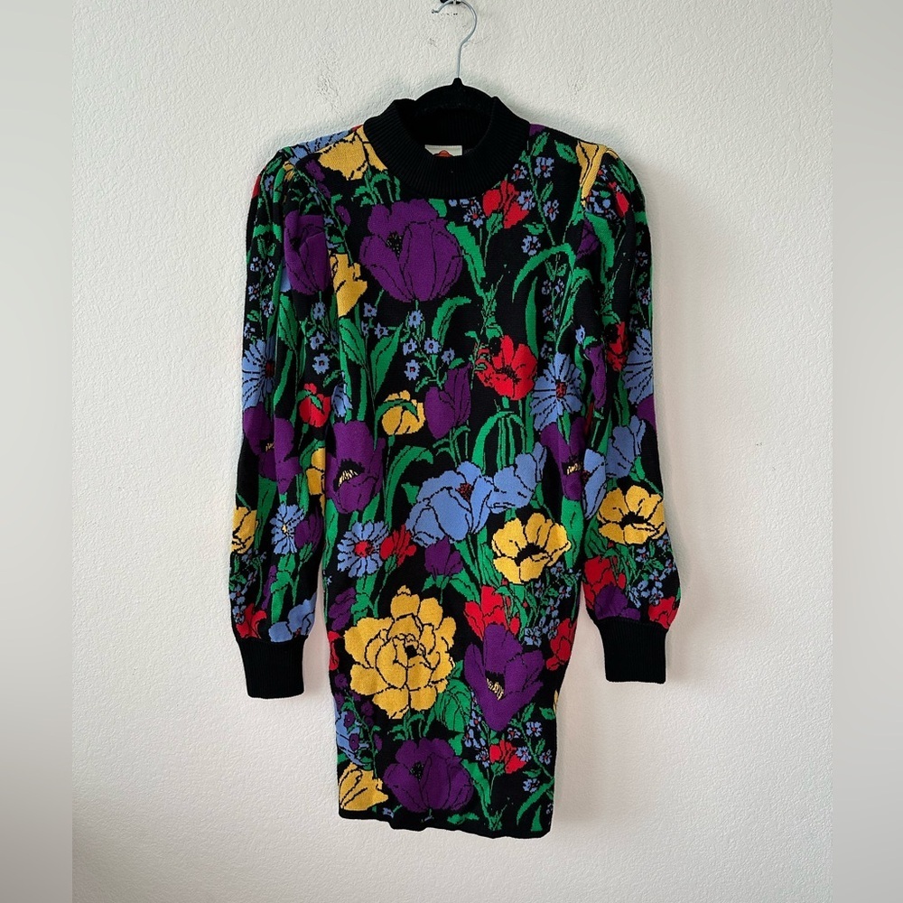 FARM RIO Black Bucolic Garden Mini Sweater Dress SZ XS - Picture 2 of 7